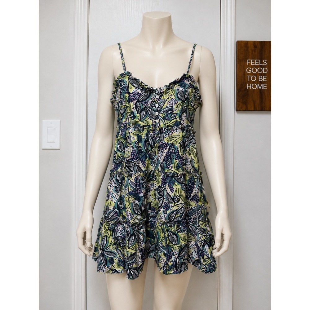 LUCCA Tropical Floral Tiered Mini Dress Boho Spaghetti Strap Women's Medium